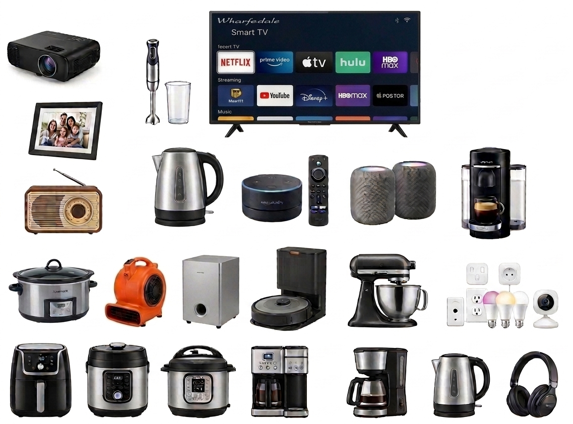 Grid collage of home electronics, smart devices, and small kitchen appliances on a white background.