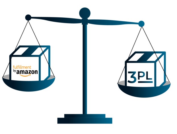 Graphic scale comparing Fulfillment by Amazon (FBA) vs. an independent 3PL fulfillment network for multi-channel e-commerce order processing.