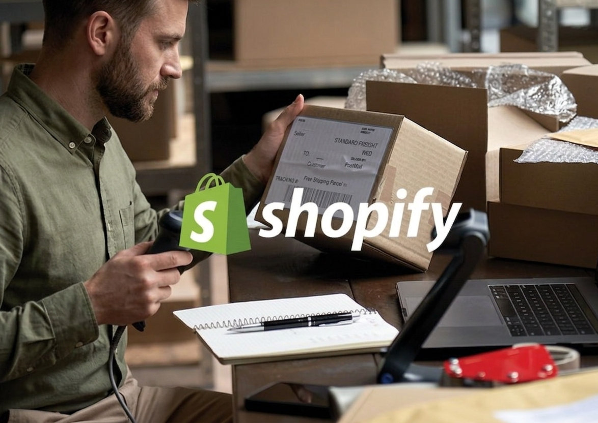 Warehouse employee scanning a package for automated Shopify e-commerce integration and order fulfillment services.