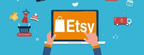 Illustration of hands using a laptop displaying the Etsy logo, surrounded by e-commerce icons for shopping baskets, apparel, and a delivery truck, representing multi-channel online store fulfillment integration.