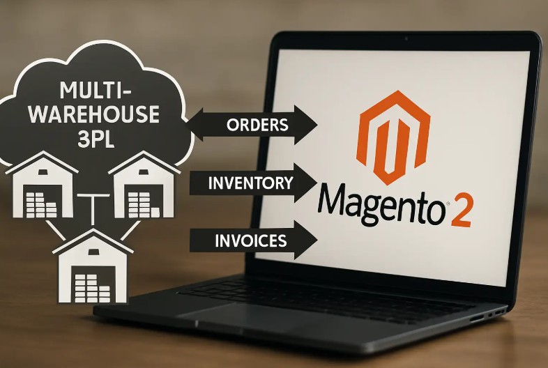 Diagram showing a laptop displaying the Magento logo connected to a "Multi-Warehouse 3PL" cloud network via data sync arrows for orders, inventory, and invoices.