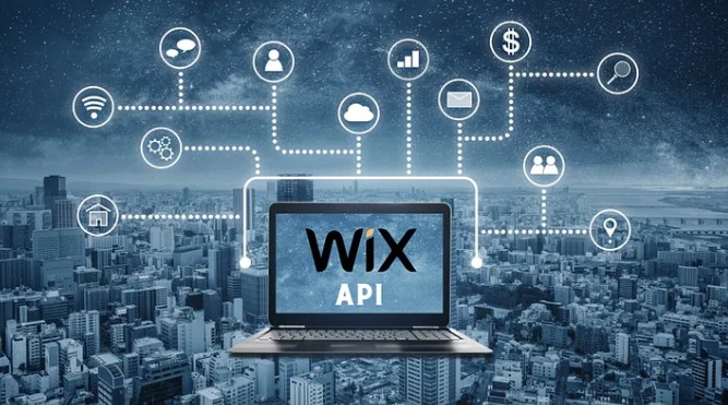Laptop screen displaying "Wix API" against a city skyline background, with dotted network lines connecting to digital business icons representing e-commerce platform integration for automated logistics and order fulfillment services.