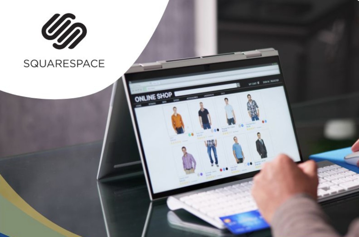 Squarespace online store displayed on a laptop, showing a men's clothing shop with product listings