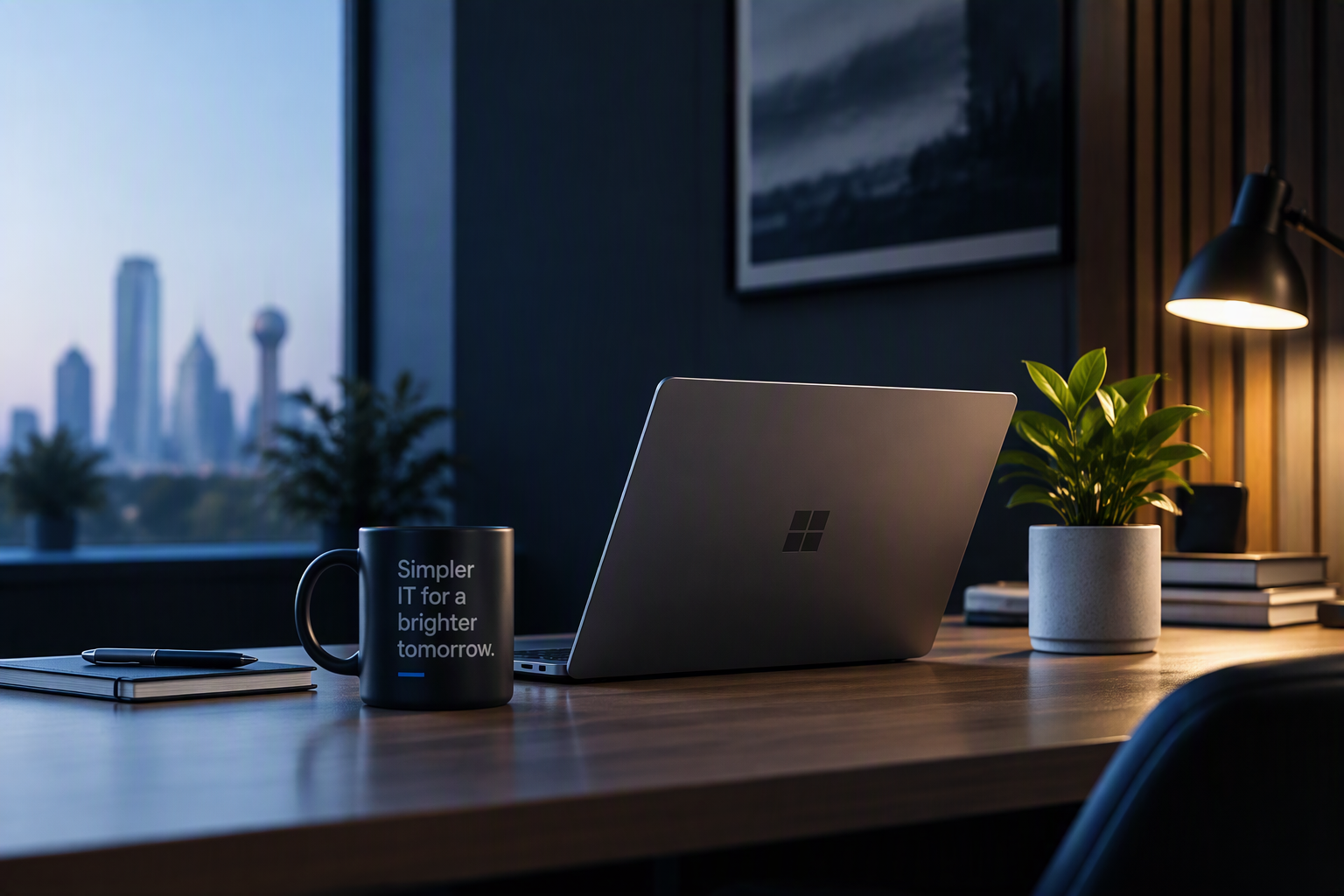 Laptop and coffee mug on a desk at dusk, with the Dallas skyline through the window