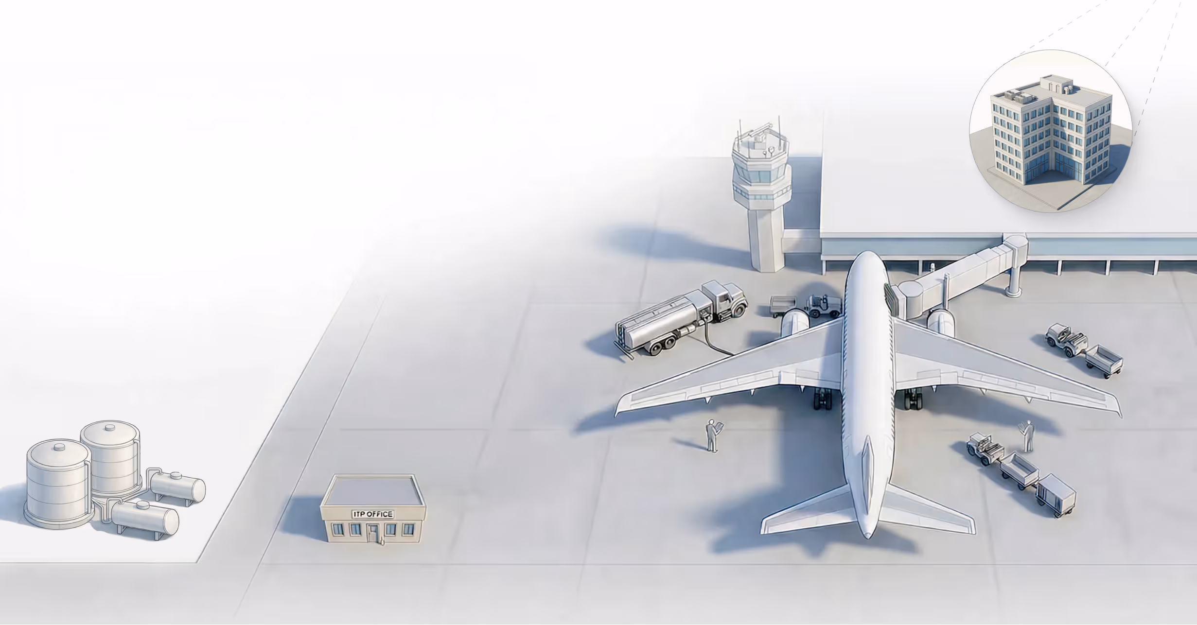 Illustration of an airplane at an airport gate with fueling tanker, service vehicles, air traffic control tower, and various airport facilities.