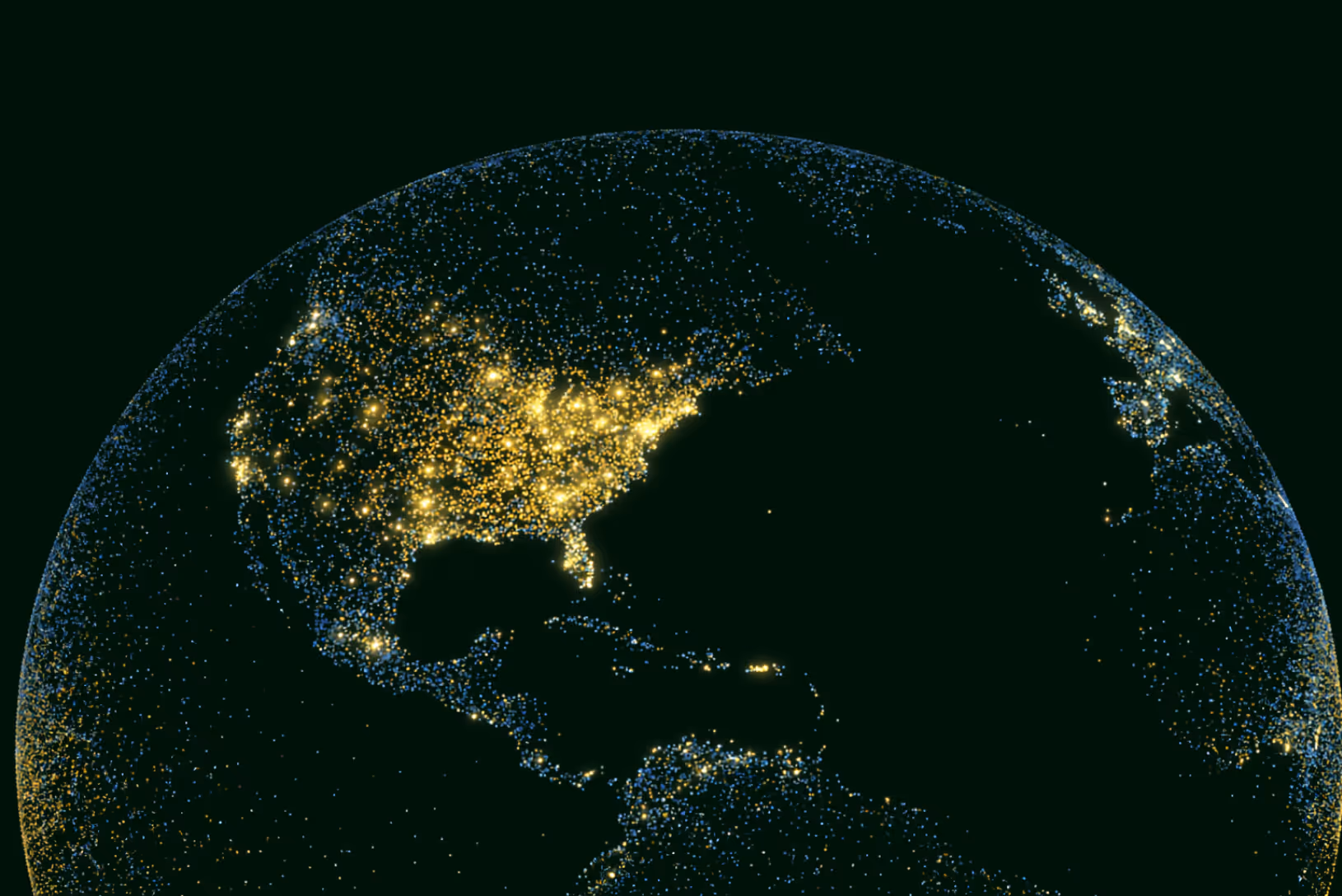 Digital globe showing North America and parts of the Caribbean and Europe with illuminated city lights in yellow and blue dots against a dark background.
