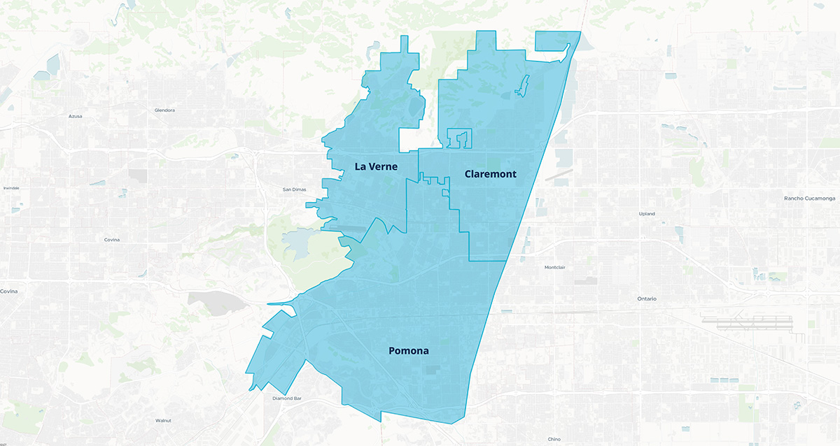 Map highlighting the Tri-Cities service area in Southern California, showing the cities of Pomona, Claremont, and La Verne within the Tri-City Mental Health service region.