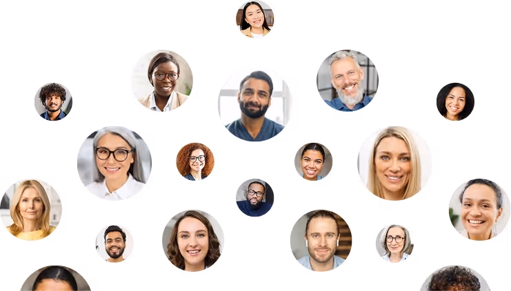 Diverse group of smiling people shown in separate circular frames on a white background.