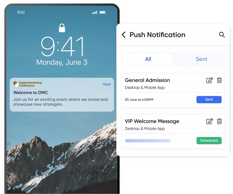 Smartphone lock screen showing a push notification from the Digital Marketing Conference welcoming users to an event, alongside an app interface displaying a push notification management panel with options for General Admission marked as sent and VIP Welcome Message scheduled.