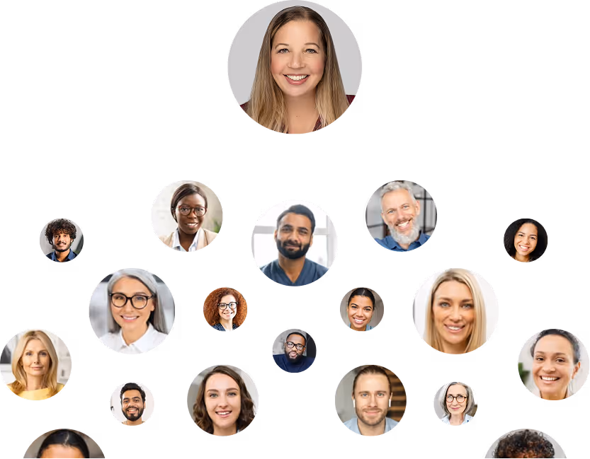 Collage of diverse people’s headshots arranged in a connected network pattern on a white background.