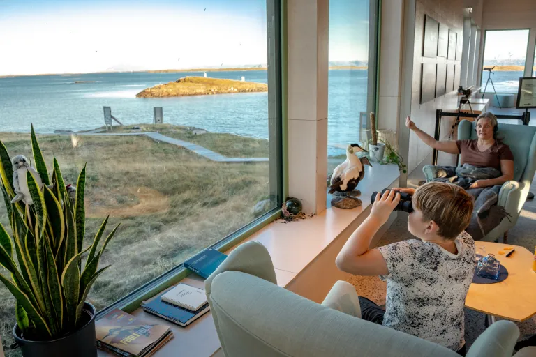 Gjester sitter i lenestoler ved vinduet i resepsjonen og ser etter sjøfugl med kikkert. Gjennom vinduet ses havet og litt av verdensarvstien.