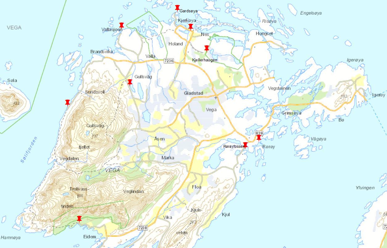 A map of Vega showing good spots for birdwatching on the island.