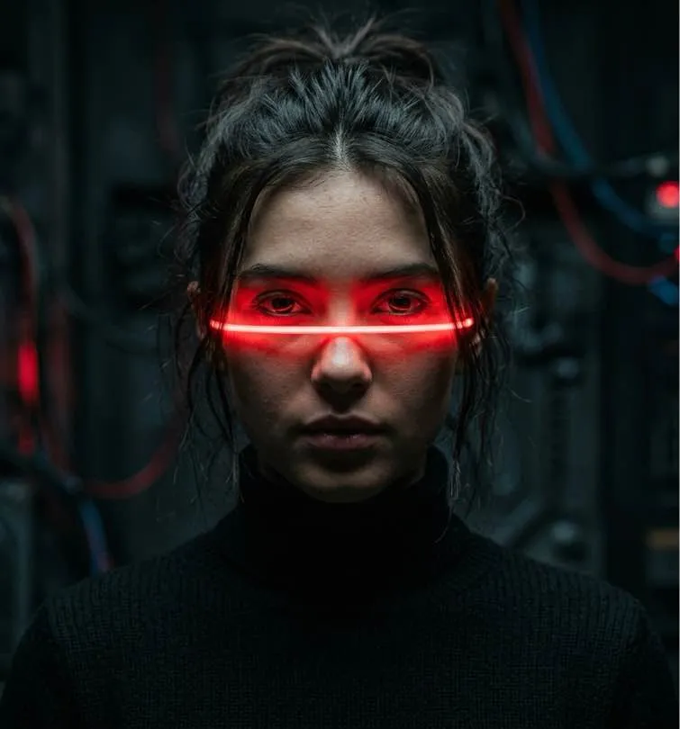 Futuristic AI avatar portrait of a woman with glowing red neon light across her eyes in a dark cyberpunk setting.