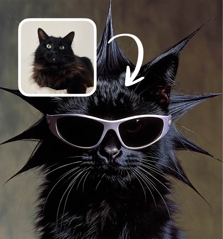 Stylized black cat wearing sunglasses with spiked fur hairstyle generated from an original cat photo using AI image to video transformation.