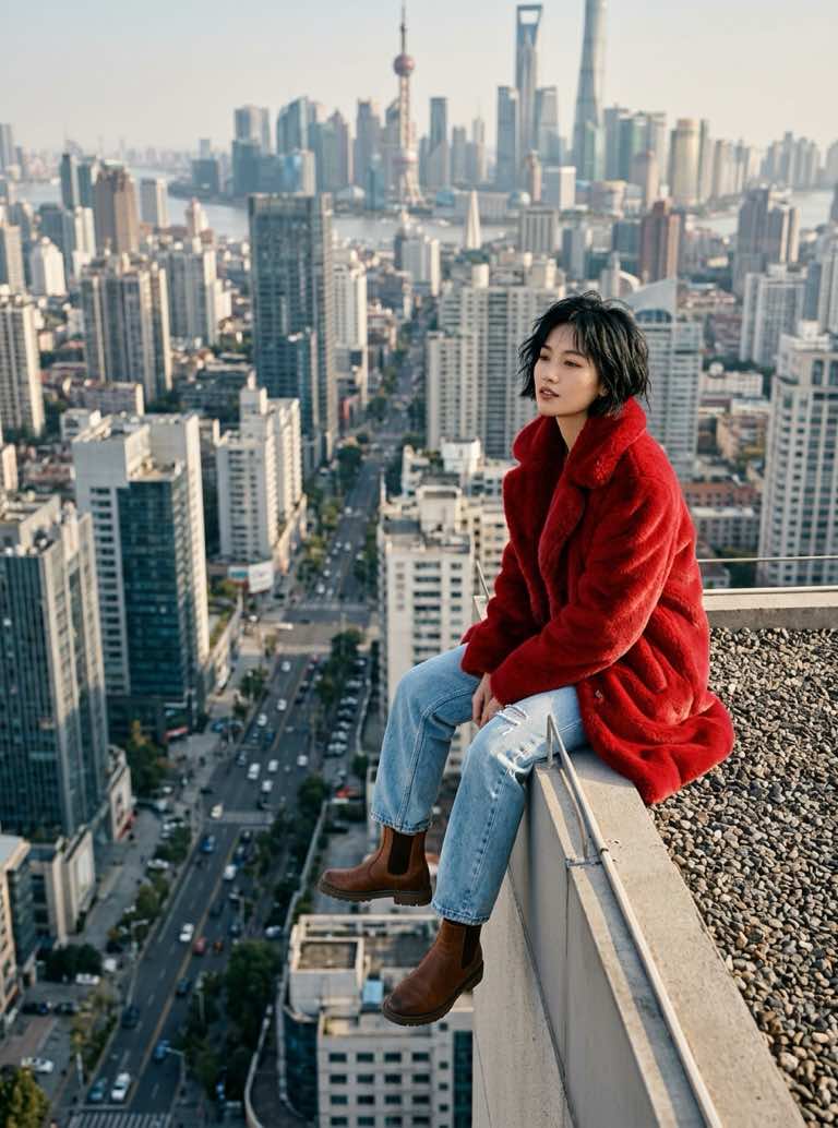 Woman in a red coat sitting on the edge of a rooftop overlooking a modern city skyline.