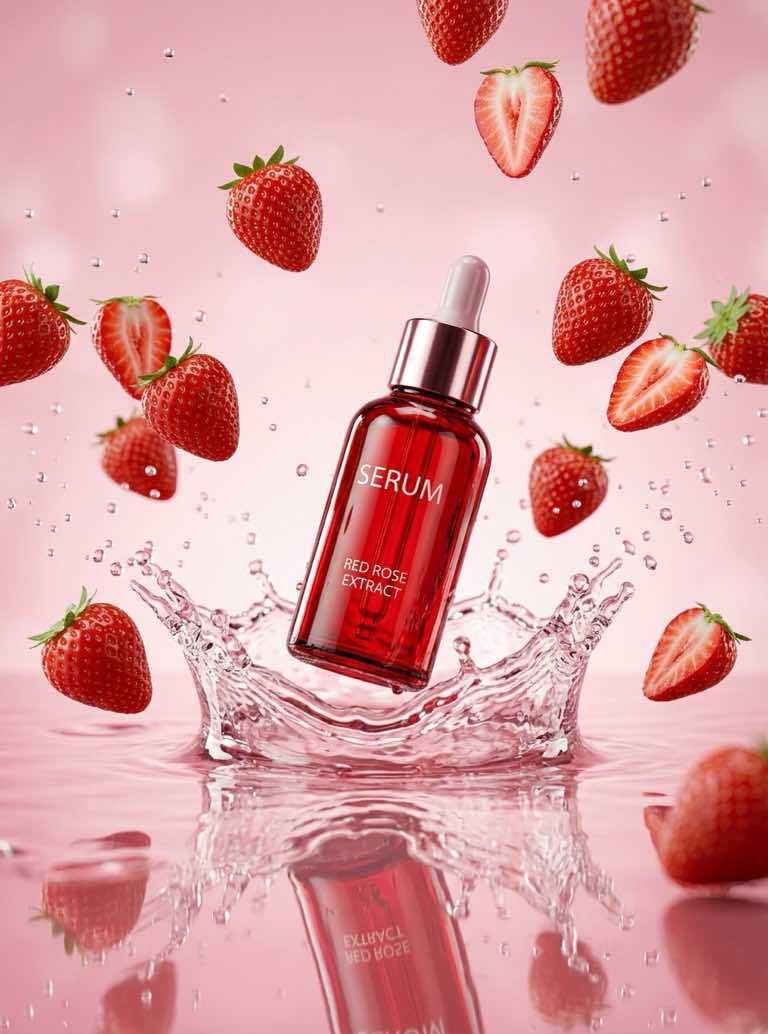 Red serum bottle splashing in water surrounded by floating strawberries on a pink background.