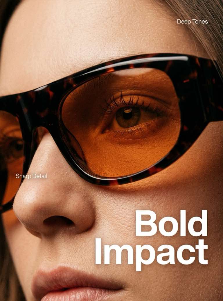 Close-up AI-generated fashion portrait of a woman wearing oversized sunglasses with bold cinematic styling.
