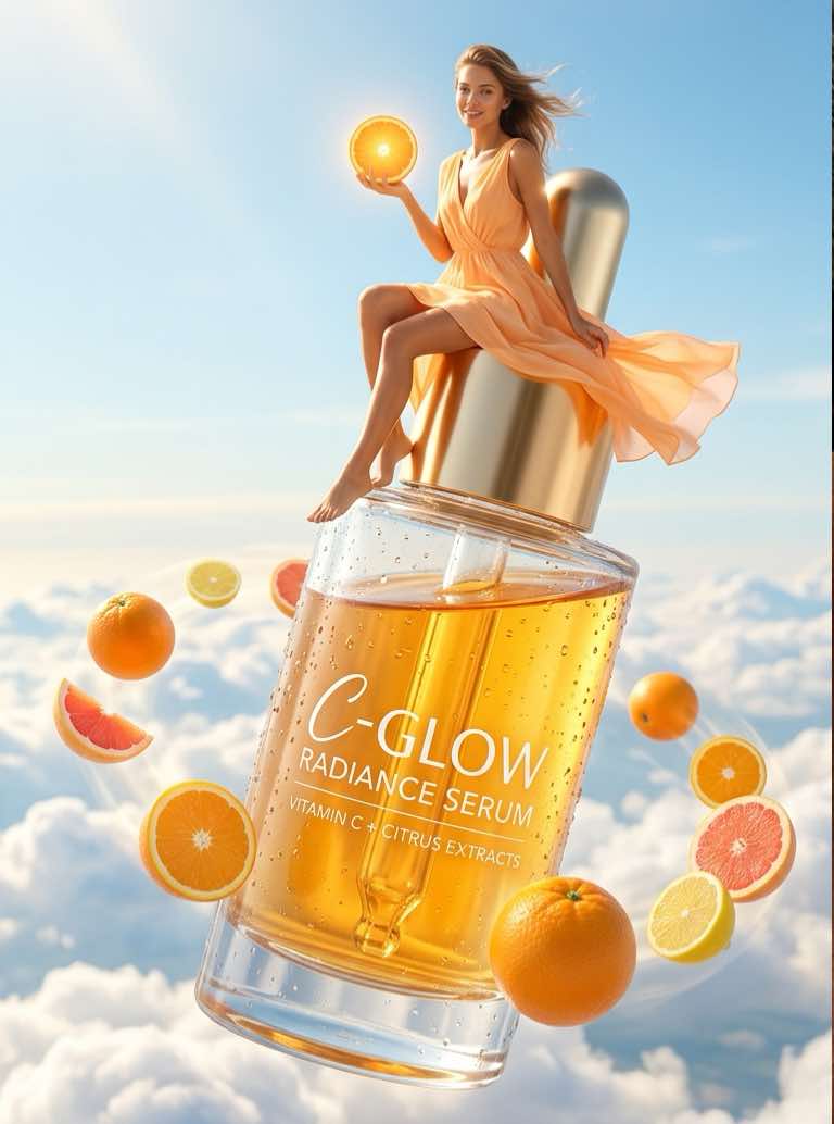 Surreal AI-generated skincare advertisement featuring a glowing vitamin C serum bottle floating among citrus fruits and clouds.