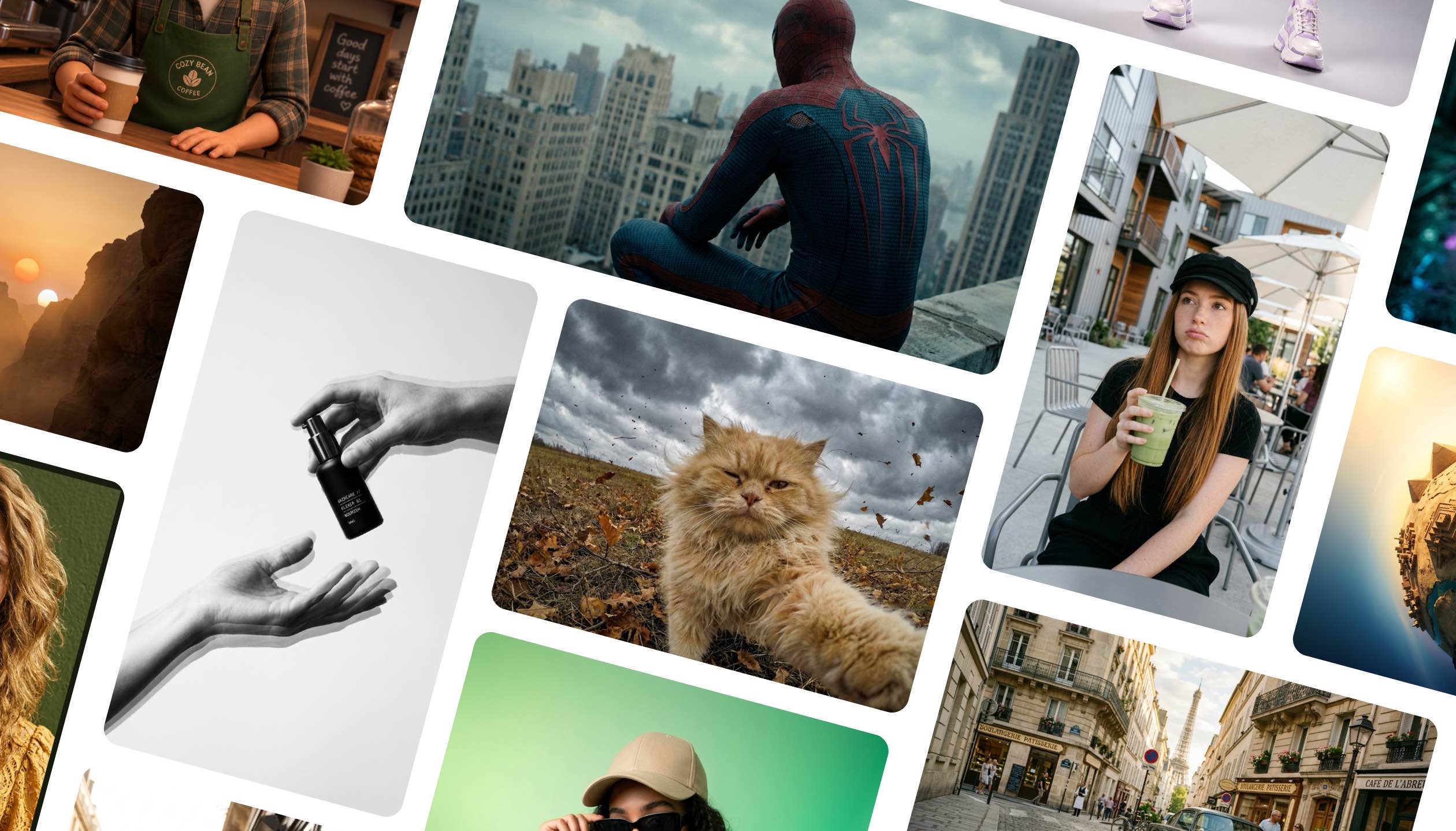 Collage of multiple AI-generated images featuring people, animals, products, landscapes, and cinematic digital artwork.