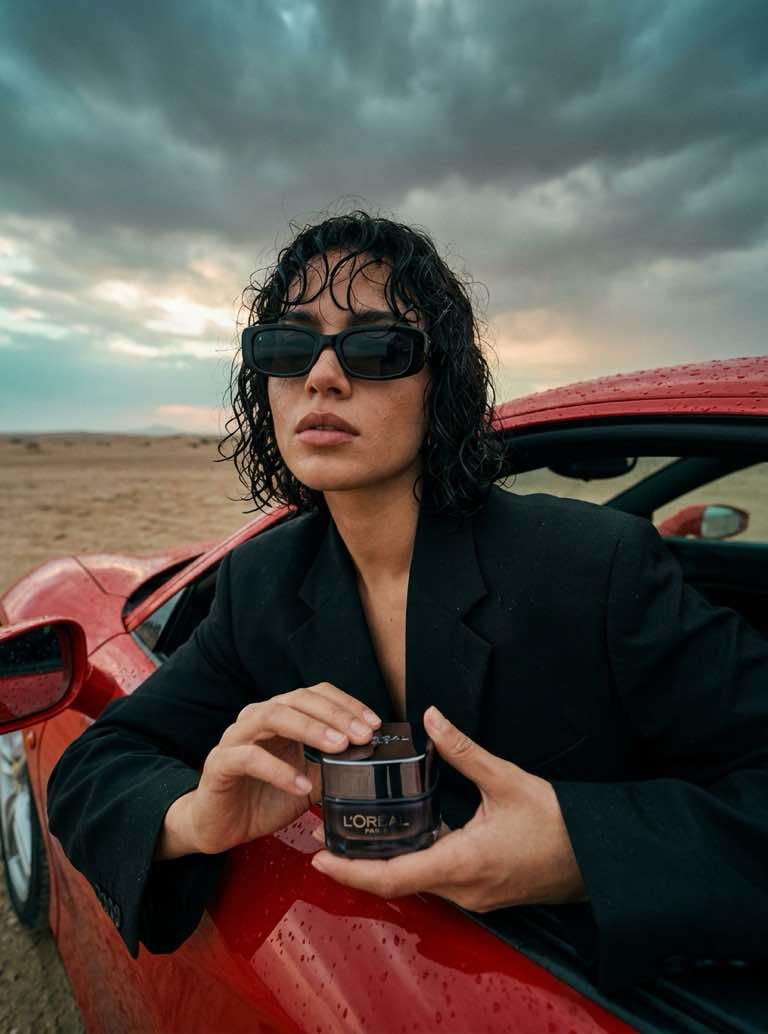 Woman with long black hair walking down a city street holding a coffee cup while wearing sunglasses and a brown crossbody bag.