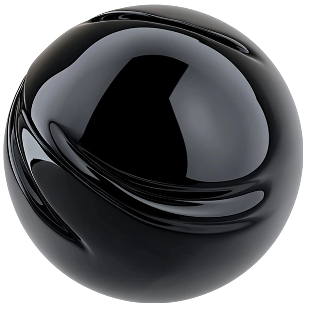 Glossy black sphere with smooth, curved indentations and reflective surface.