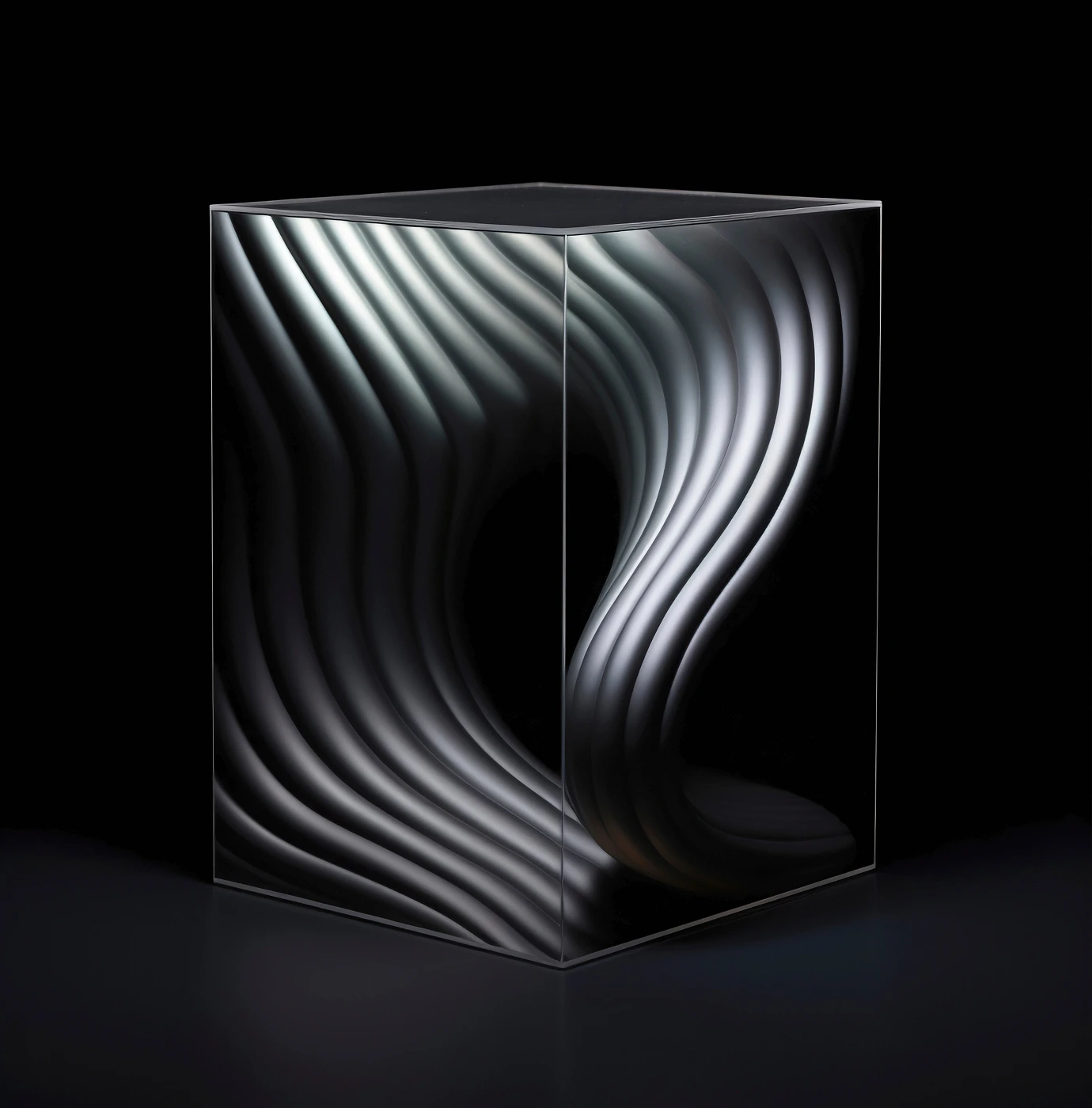 Transparent cube with smooth, flowing wave-like patterns inside illuminated by soft white light, on a dark background.