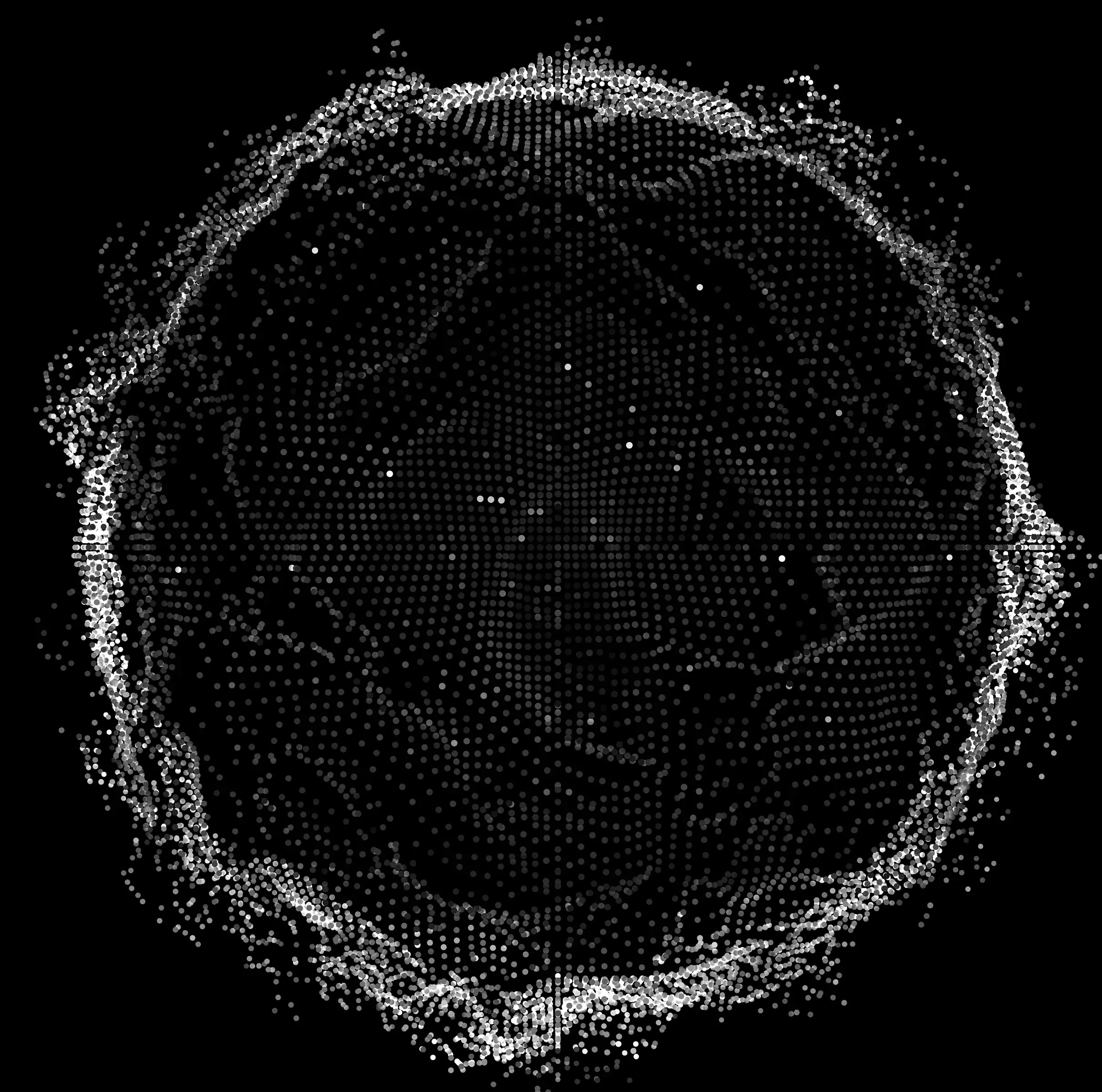 Abstract digital sphere composed of white dots on a black background, forming a mesh-like circular pattern.