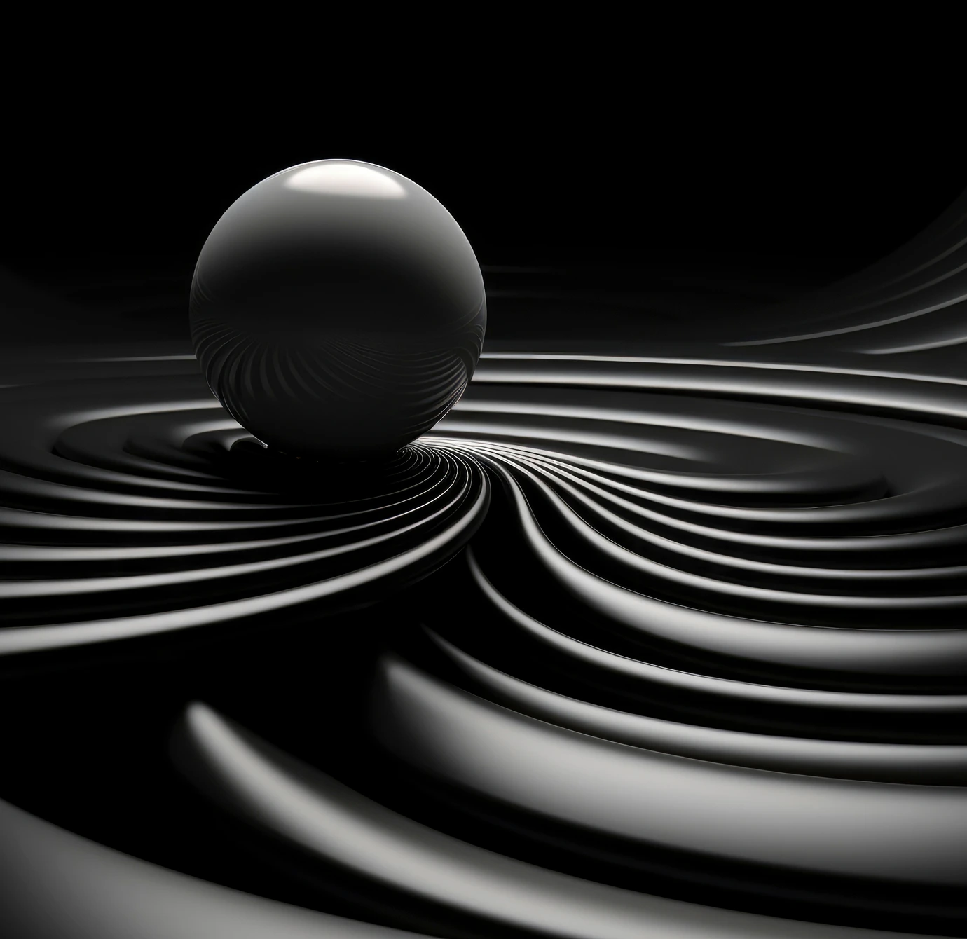 Shiny black sphere resting on a surface with smooth concentric and curved ripples.