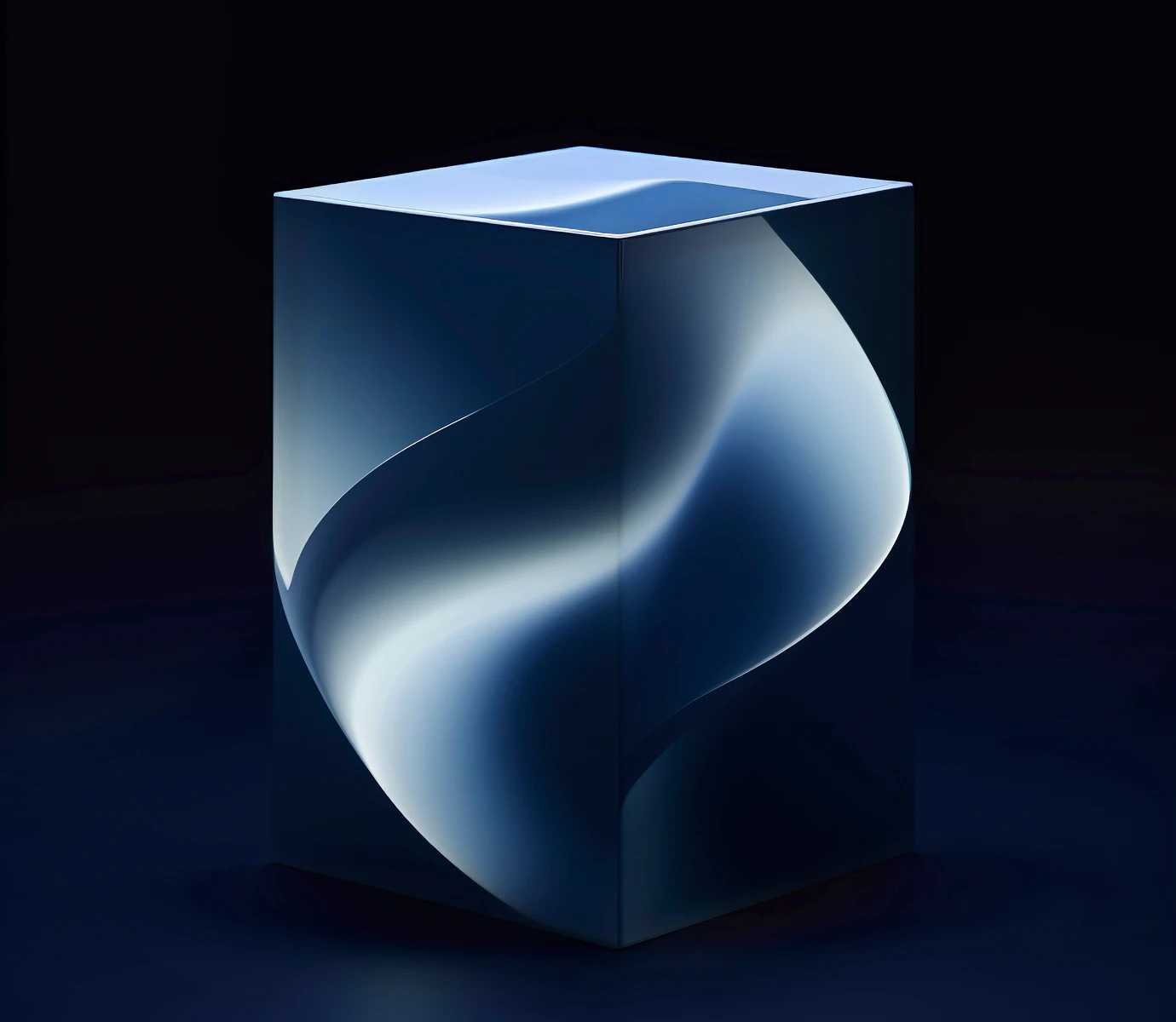 Glossy dark blue cube with a smooth, flowing wave pattern on its sides against a dark background.