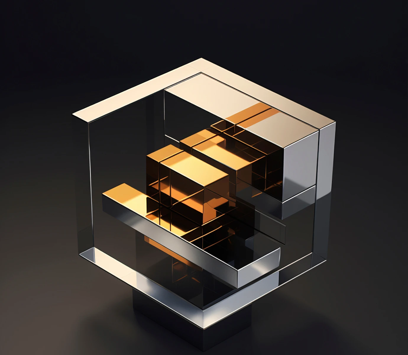Abstract 3D geometric sculpture with interlocking transparent and gold-colored cubes on a dark background.