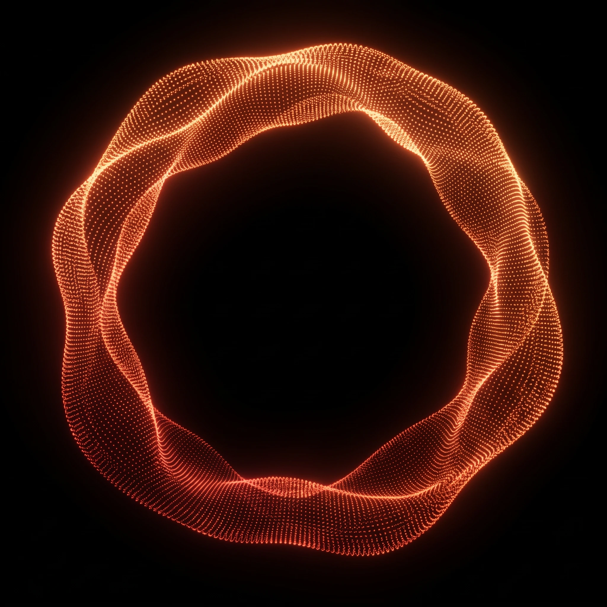 Glowing abstract orange wave ring made of small dots on a black background.