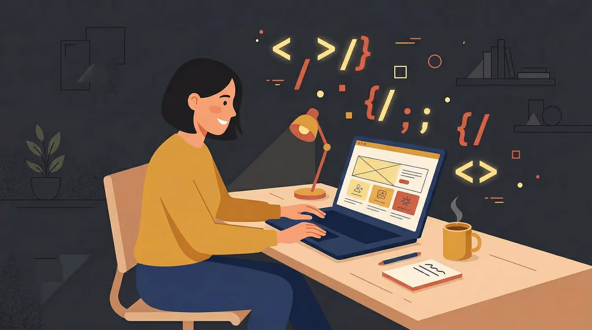 Business owner learning web development basics at laptop with code symbols floating in background