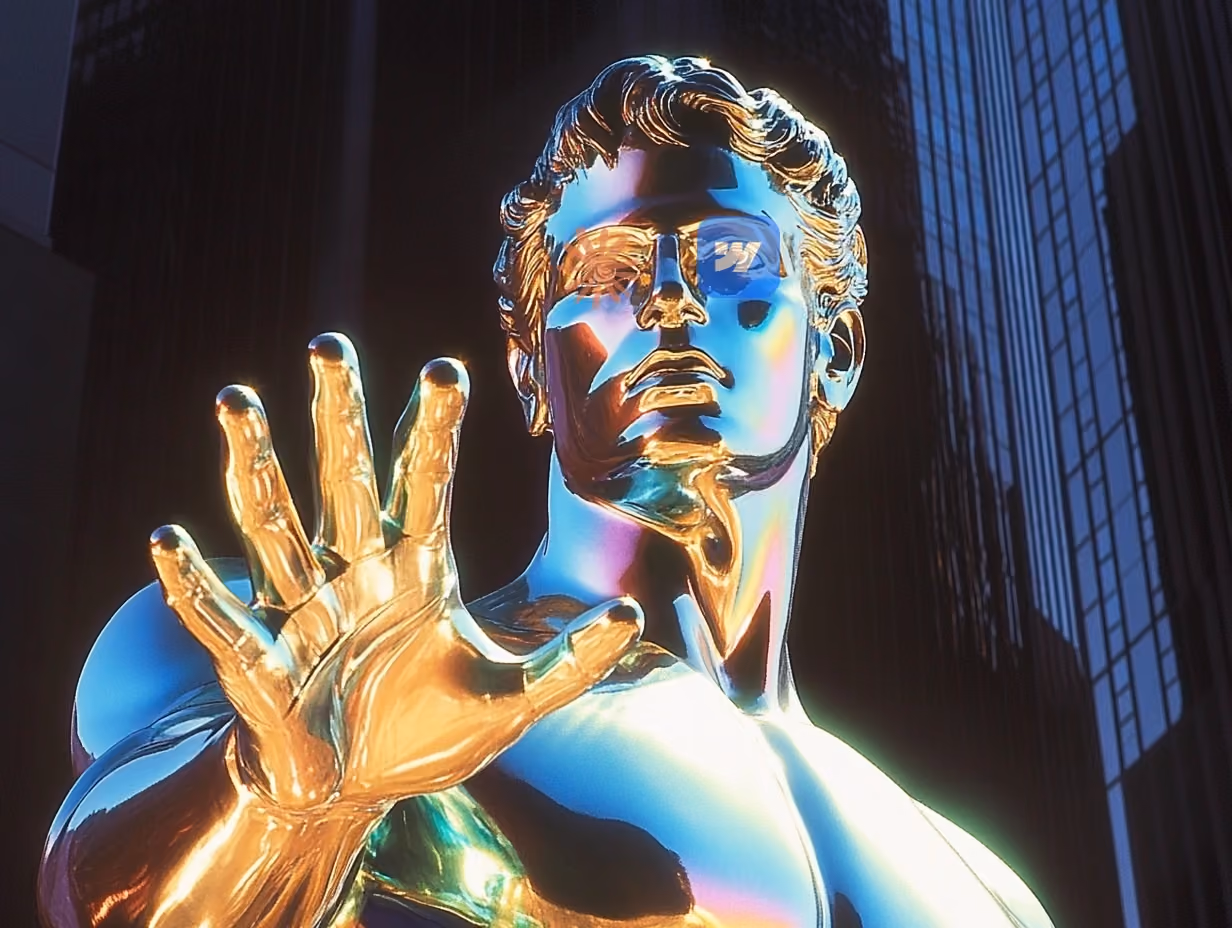Iridescent metallic statue with outstretched hand reaching toward viewer against urban backdrop - Nimbus Media article illustration for When Webflow and Claude Started Talking
