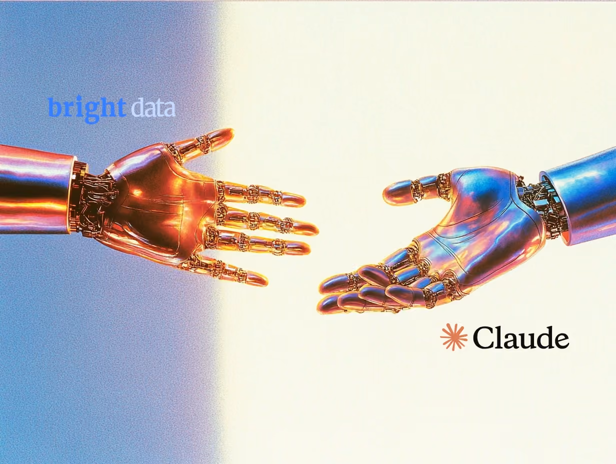Two iridescent robotic hands reaching toward each other with Bright Data and Claude AI logos, symbolizing AI web automation integration and collaboration between Bright Data MCP server and Claude