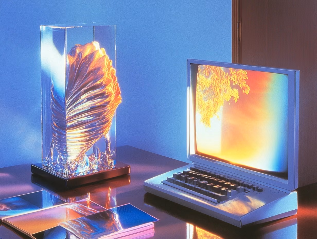 a beautiful vintage computer with iridescent colors showing on the screen