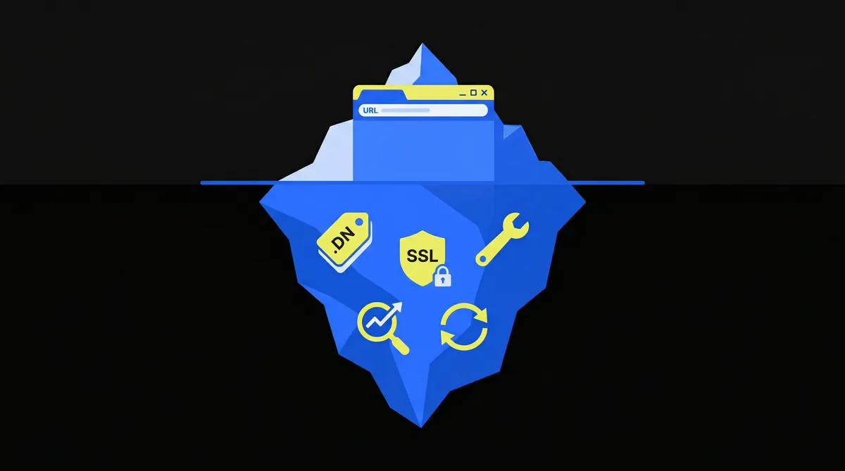 hidden website costs iceberg showing domain, hosting, SSL, maintenance, SEO, and redesign expenses