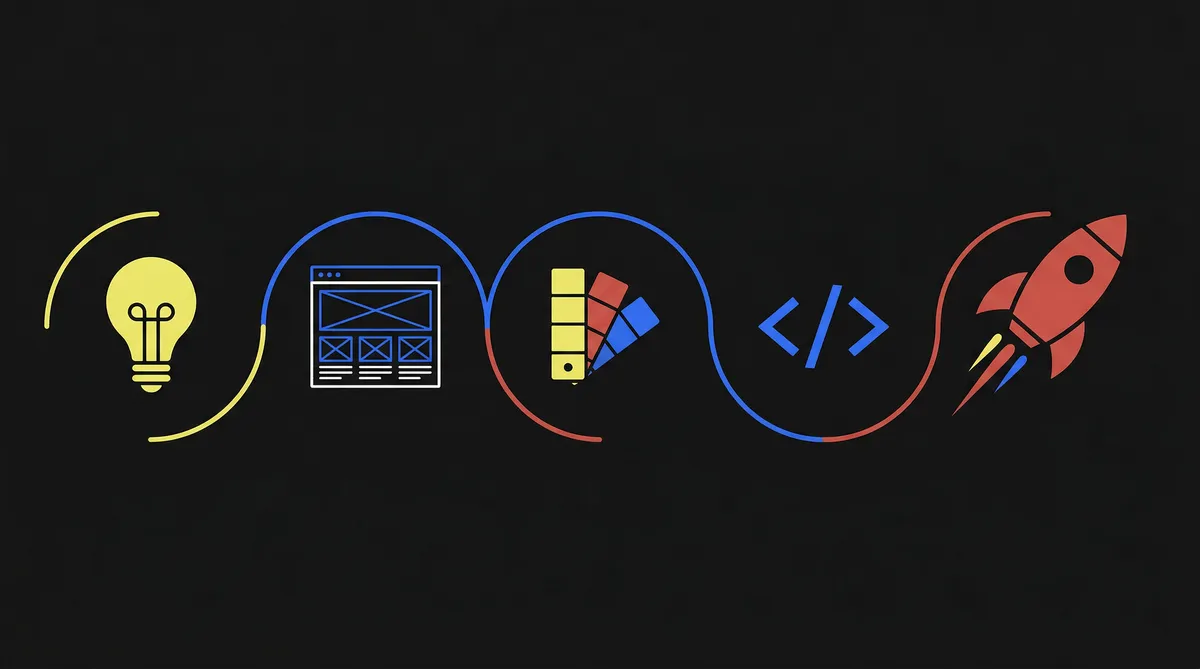 Web development process timeline showing discovery wireframing design development and launch phases