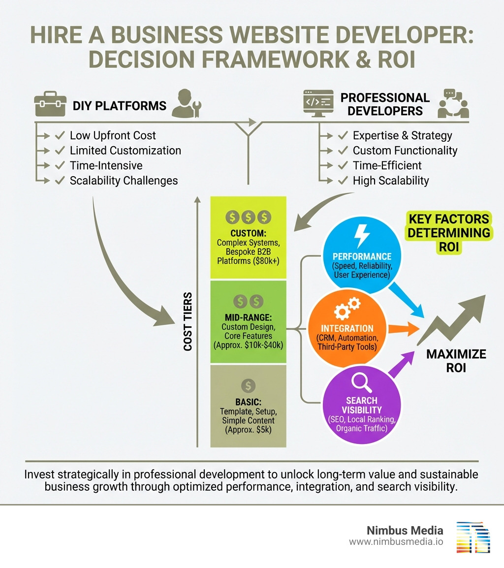 Infographic showing the decision framework for hiring a business website developer: DIY platforms vs professional developers, cost tiers from basic to custom, and the three key factors that determine ROI: performance, integration, and search visibility - business website developer infographic Infographic showing the decision framework for hiring a business website developer: DIY platforms vs professional developers, cost tiers from basic to custom, and the three key factors that determine ROI: performance, integration, and search visibility - business website developer infographic