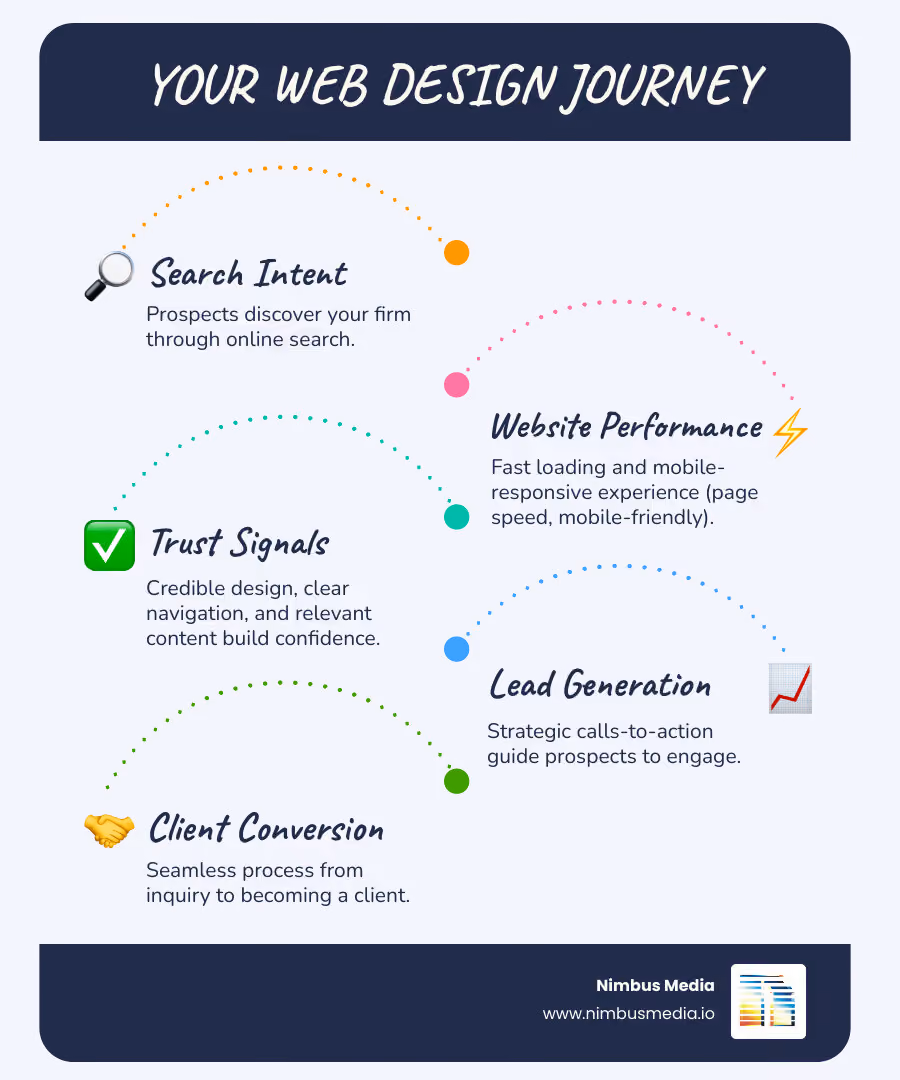 Infographic showing the web design journey: Search Intent → Website Performance → Trust Signals → Lead Generation → Client Conversion, with key decision points at each stage including mobile responsiveness, page speed, clear navigation, and strategic calls-to-action - web design infographic infographic-line-5-steps-blues-accent_colors Infographic showing the web design journey: Search Intent → Website Performance → Trust Signals → Lead Generation → Client Conversion, with key decision points at each stage including mobile responsiveness, page speed, clear navigation, and strategic calls-to-action - web design infographic infographic-line-5-steps-blues-accent_colors