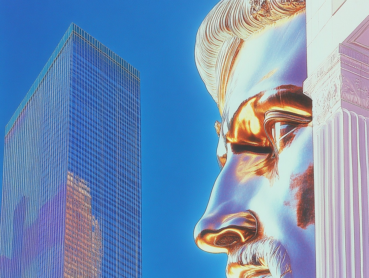 Holographic statue gazing upward at modern skyscraper representing AI looking toward the future - Nimbus Media feature on Webflow MCP integration