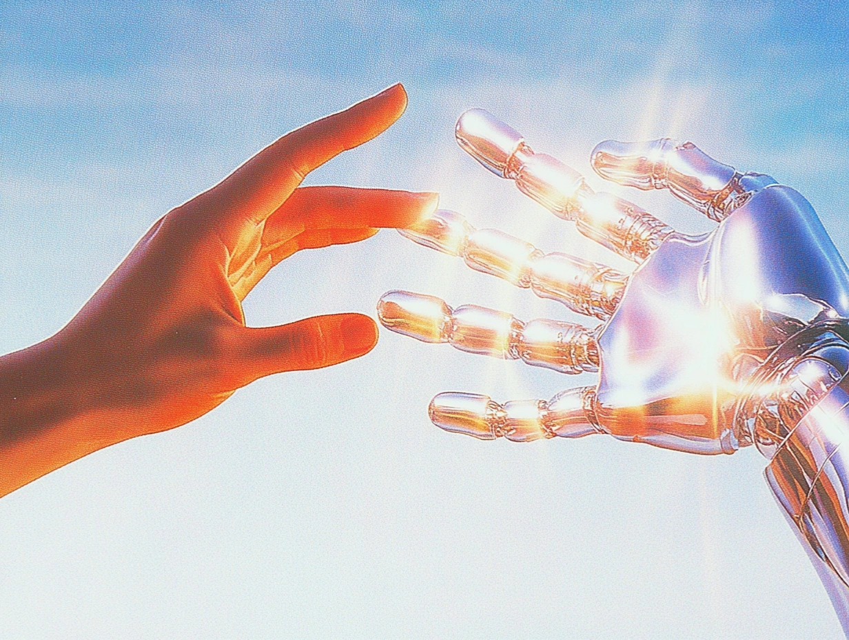 Human hand reaching toward transparent robotic hand against sky background, representing human-AI collaboration in web scraping and automated data collection technology