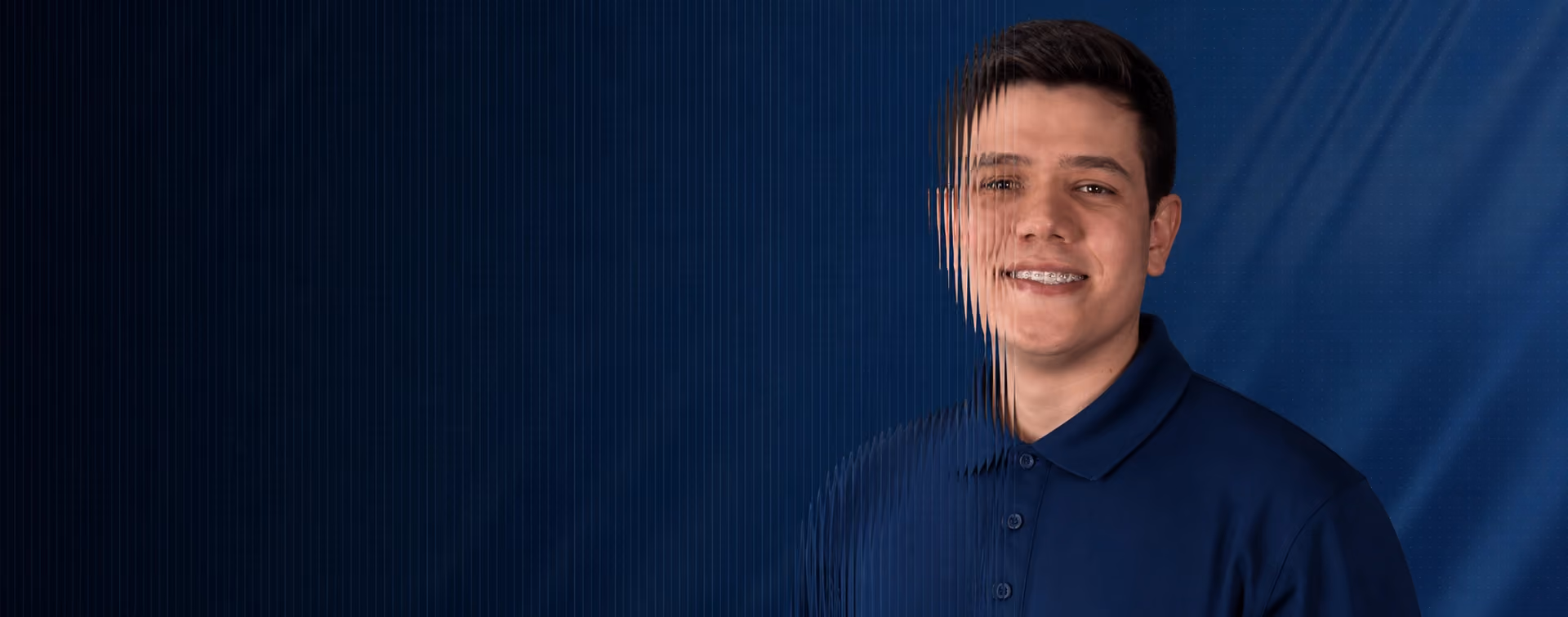 Team member portrait in a plain navy polo with a dark blue tech-inspired background and fluted glass distortion effect.