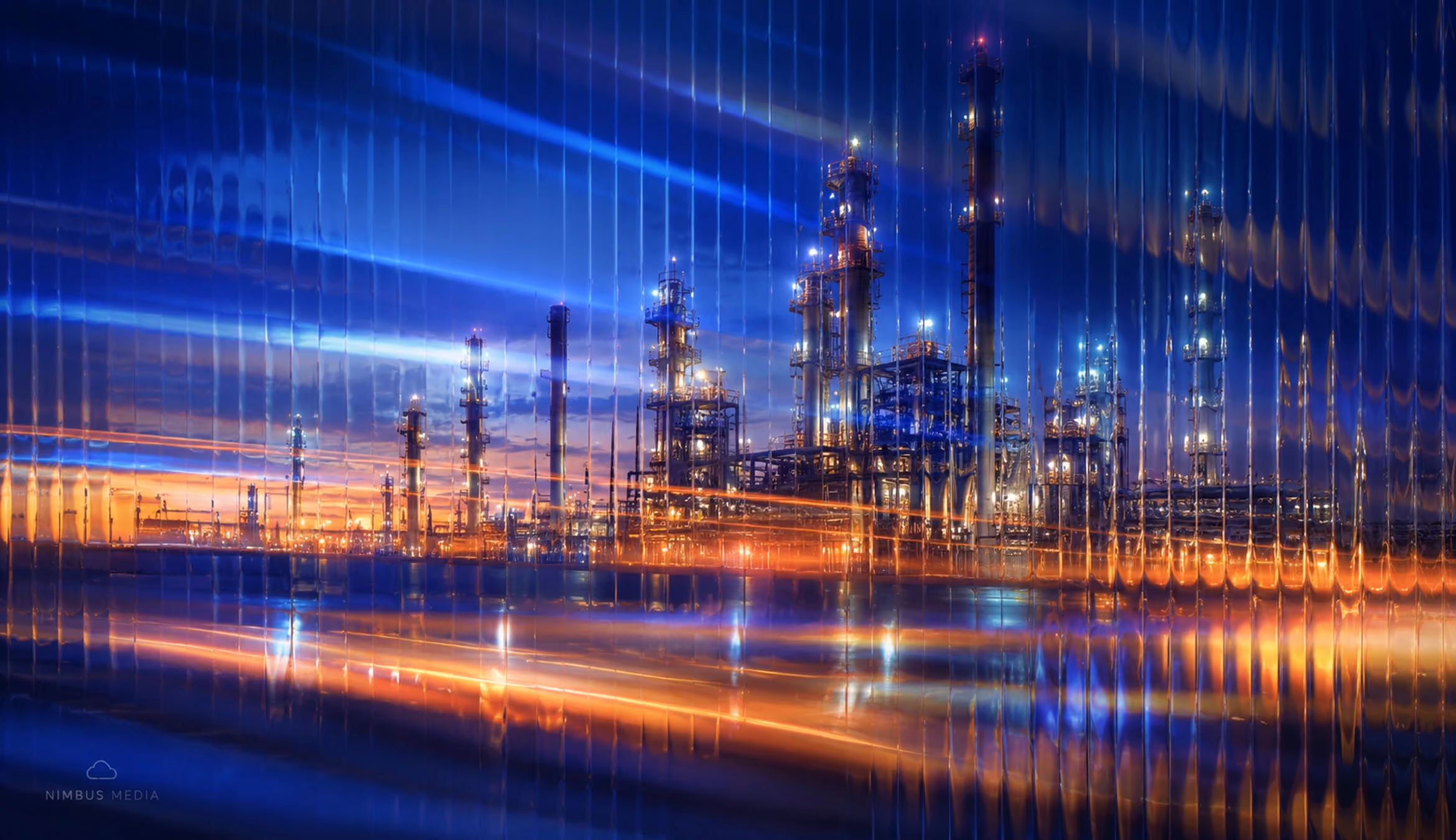 Fluted glass style graphic of a glowing oil refinery at dusk with blue and amber light streaks for the Nimbus Media oil and gas industry page.