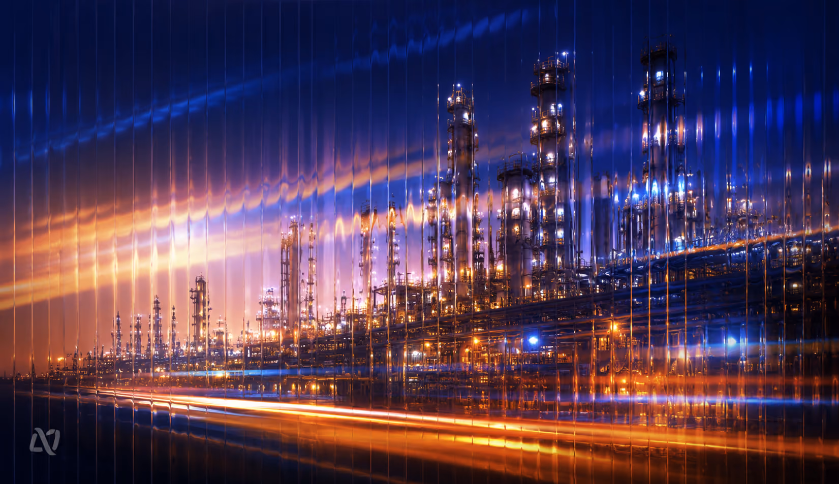 Fluted glass style graphic of a glowing oil refinery at dusk with blue and amber light streaks for the Nimbus Media oil and gas industry page.