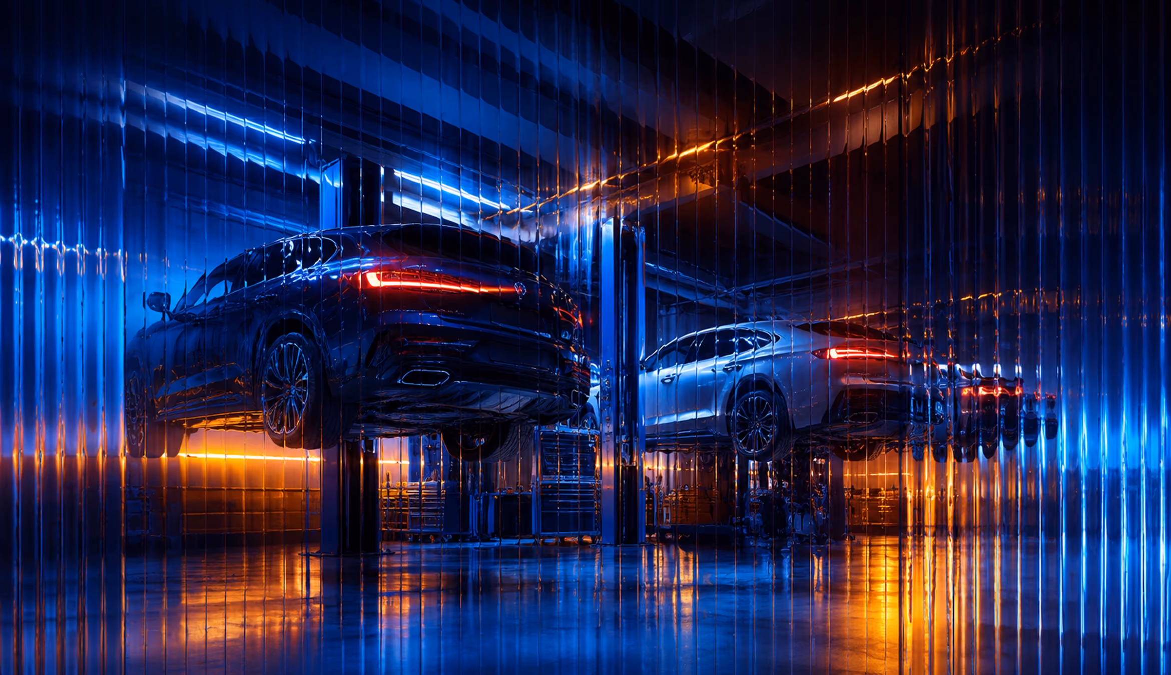 Automotive service shop with cars on lifts seen through fluted glass, glowing blue and amber reflections, and a premium cinematic lighting style.