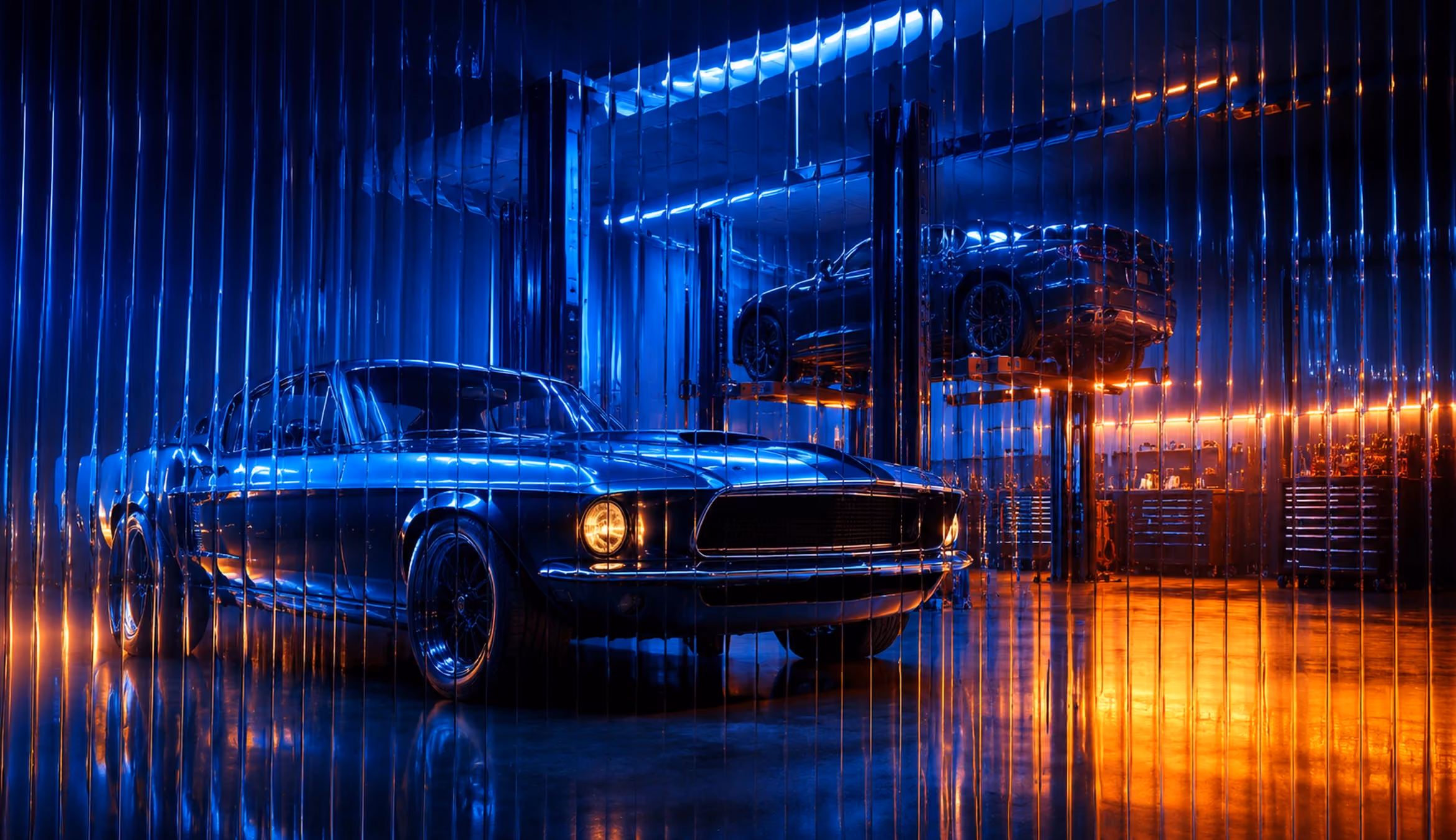 Classic automotive repair shop with a muscle car and lifted vehicle seen through fluted glass, lit by cinematic blue and amber reflections.
