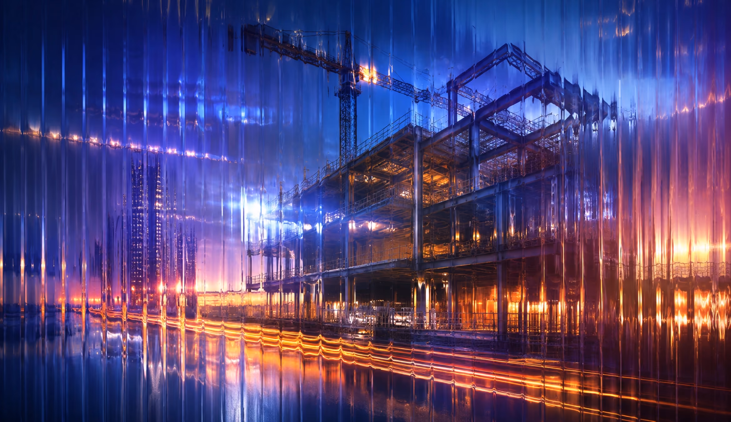 Fluted glass construction industry graphic with a modern building frame, crane, blue lighting, and warm amber light streaks.