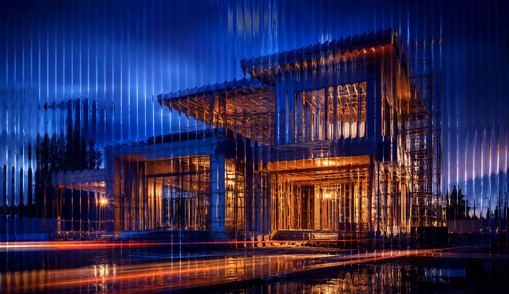 Fluted glass residential construction graphic showing a modern home build with blue lighting, warm work lights, and reflective light streaks.