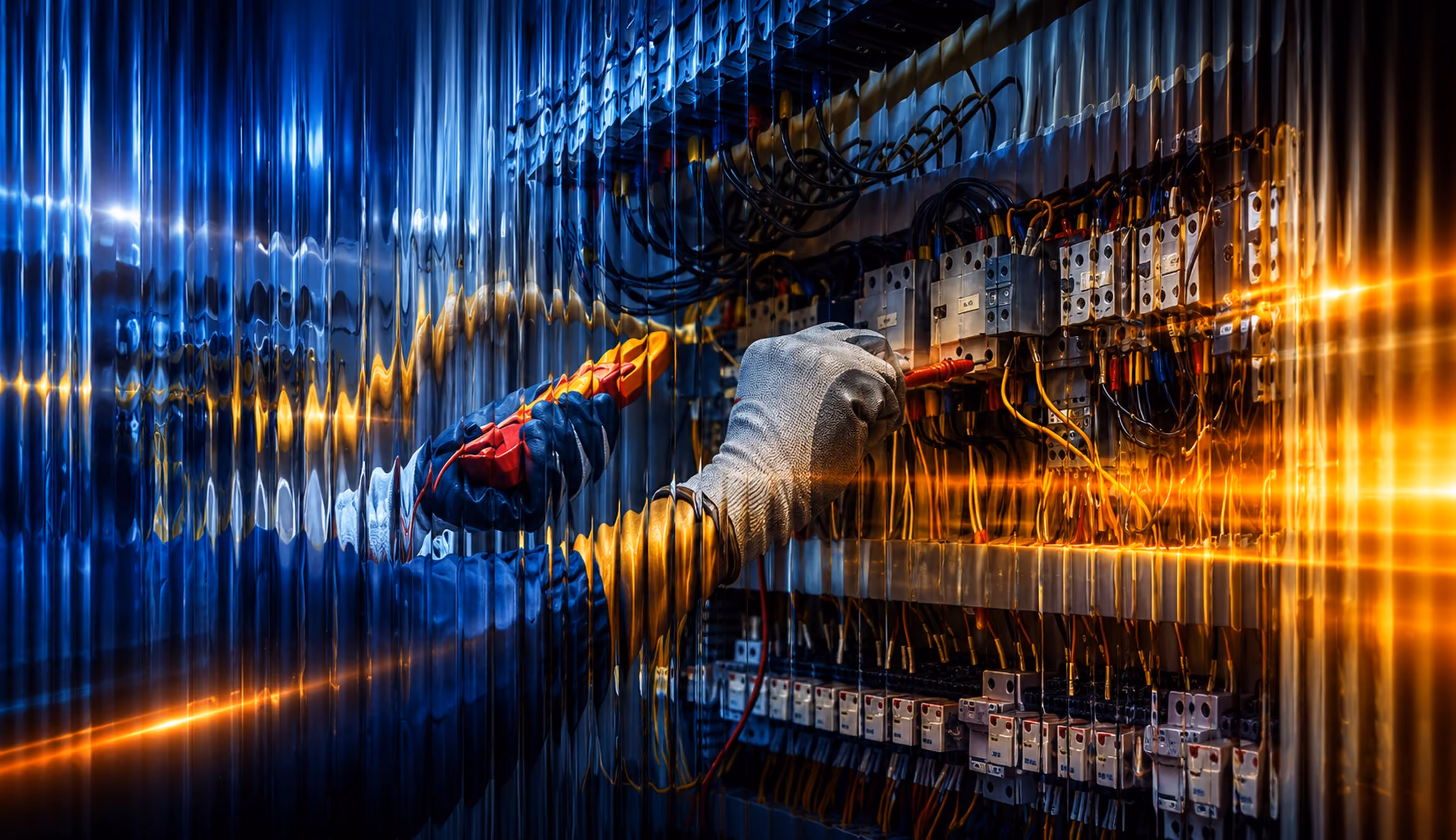Fluted glass electrical contractor graphic showing a technician working inside a control panel with blue lighting and warm amber light streaks.