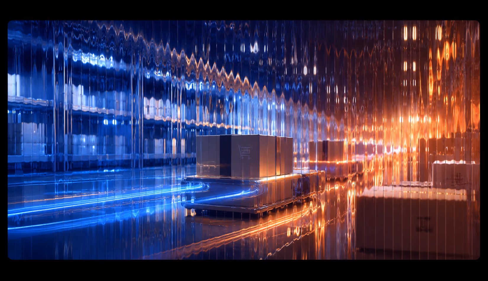 Fluted glass ecommerce graphic showing illuminated shipping boxes moving through a futuristic fulfillment space with blue and amber light streaks.